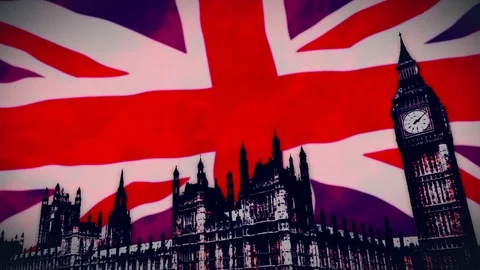 Union Jack flying behind British Parliament Stock Footage