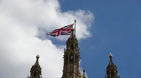 Union Jack Time lapse Flying Above Victoria Tower Palace of westminster Stock Footage 65727544