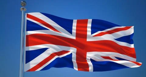 Union Jack in the wind against clear blue sky, 3d illustration Stock Illustration