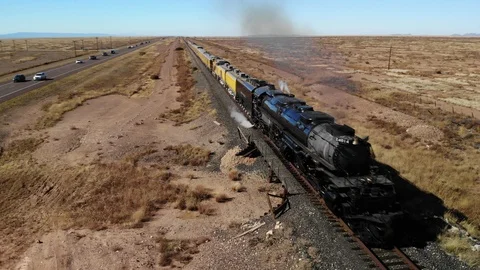 Union Pacific Big Boy Steam Locomotive 4014 Aerial Day Passenger Train Stock Footage