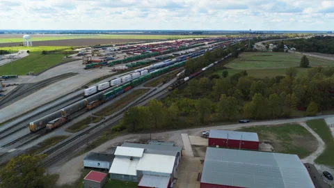 Union Pacific Container Yard and Active Freight Trains Panorama Stock Footage 336692755