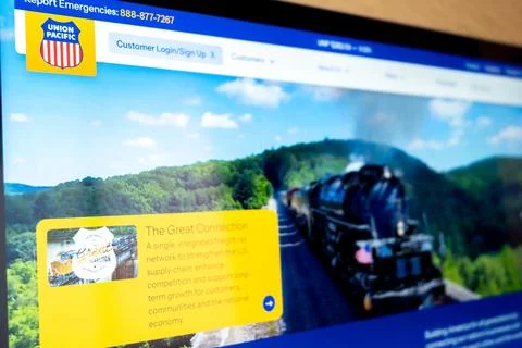 Union pacific website page displaying train advertisement Stock Photos