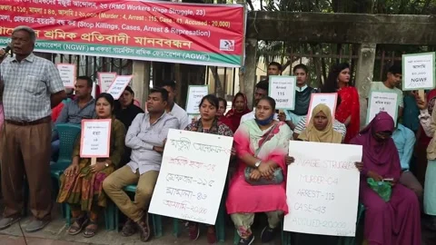 Union protest by workers calling for minimum wage increase in Bangladesh, Dhaka, Video stock 255932880