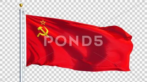 The Union of Soviet Socialist Republics flag waving against sky, close up, is Stock Photos