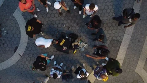 Union square, NYC, USA - 15th may, 2021: Group Street performers overhead aer Stock Footage 158177808
