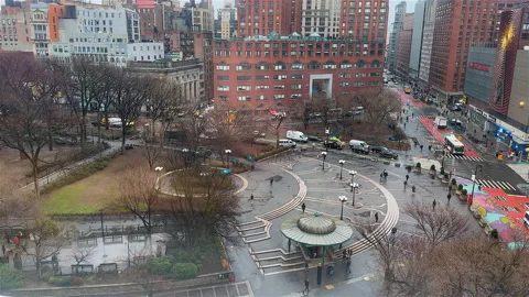 Union Square Park from above on rainy day, New York City - 4K Prores 422 HQ Stock Footage 233907908