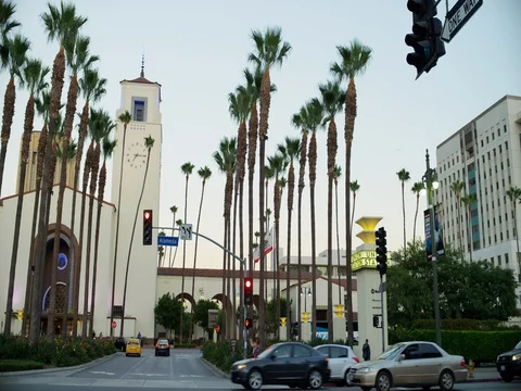 Union Station during sunset time in Los Angeles, California. Stock Footage 72987793