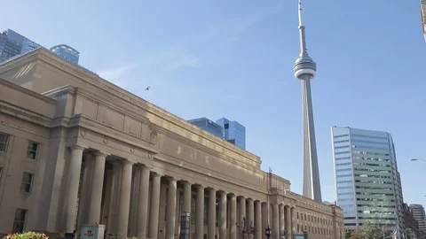 Union Station In Toronto with CN Tower in the background Stock Footage 74354343