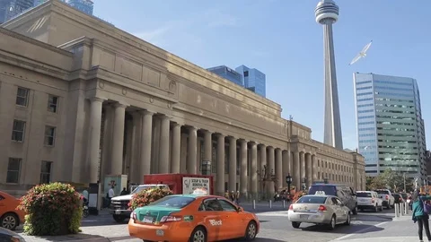 Union Station in Toronto with CN tower in background. Stock Footage 74354384
