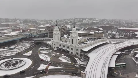 Union Station Train Station in Worcester during winter snow. Traffic on Stock Footage 299904436
