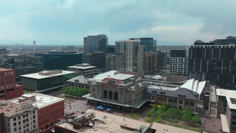 Union Station train tracks Downtown Lodo Denver Colorado aerial drone parallax Stock Footage 314698626