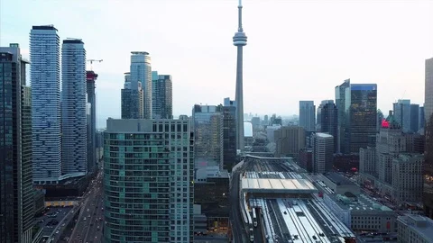 Union StationSolar Eclipse. Drone Video Downtown CN Tower Toronto Ontario Canada Video stock 129071452