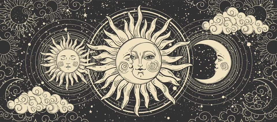 Union of sun and moon, eclipse, mental balance, spiritual marriage, Magical.. Ilustração Stock