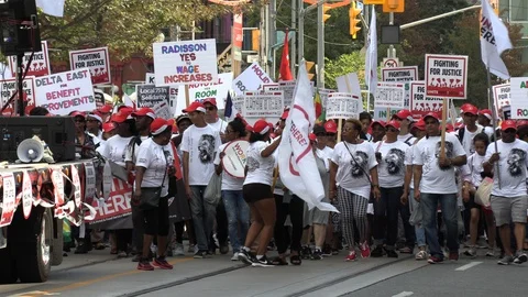 Union workers in labor day parade in Toronto Canada Stock Footage 94599349