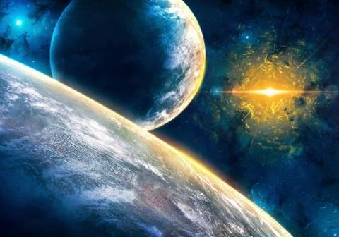 Unique 3d render illustration of a planet with atmosphere and moon Stock Illustration