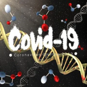 Unique 3D rendering illustration of covid 19 virus cells and DNA strands Stock Illustration