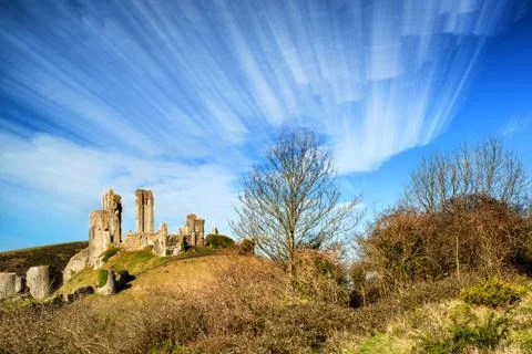 Unique abstract time lapse stack landscape of medieval castle and railway tra Stock Photos