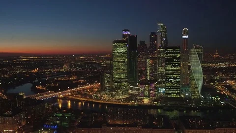 Unique Aerial flight around and approach to windows of Moscow City business Stock Footage 78734760
