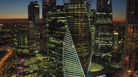 Unique Aerial flight around and approach to windows of Moscow City business Stock Footage 78735970