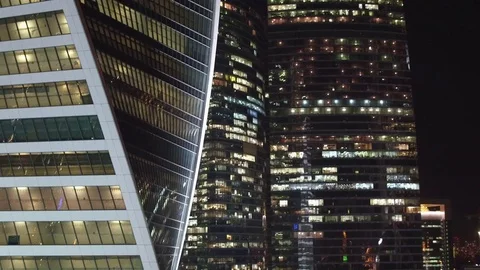 Unique Aerial flight around and approach to windows of Moscow City business Stock Footage 78737377