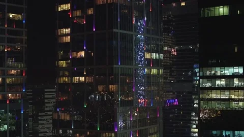Unique Aerial flight around and approach to windows of Moscow City business Stock Footage