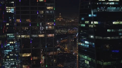 Unique Aerial flight around and approach to windows of Moscow City business Stock Footage 78773201
