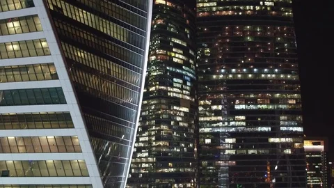 Unique Aerial flight around and approach to windows of Moscow City business Stock Footage 78774696