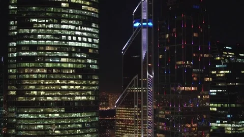 Unique Aerial flight around and approach to windows of Moscow City business Stock Footage 78821775