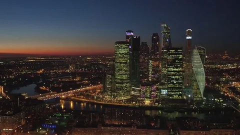 Unique Aerial flight around and approach to windows of Moscow City business Stock Footage 78821886