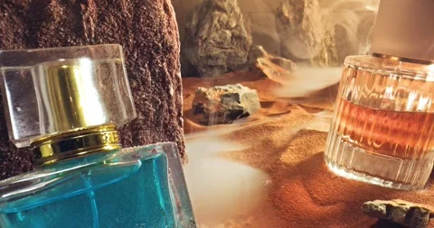 Unique amber perfumes in translucent glass bottle on sand. Stock-Footage 331311070