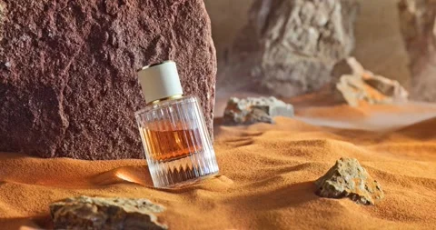Unique amber perfumes in translucent glass bottle on sand. Stock-Footage 331791232