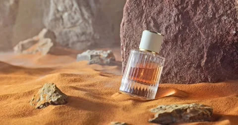 Unique amber perfumes in translucent glass bottle on sand. Stock-Footage 334611566
