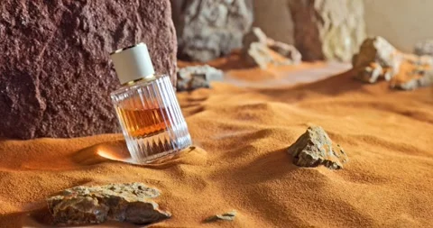 Unique amber perfumes in translucent glass bottle on sand. Stock-Footage 335599905