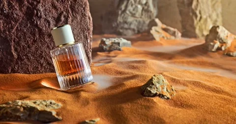 Unique amber perfumes in translucent glass bottle on sand. Vidéo 337073031