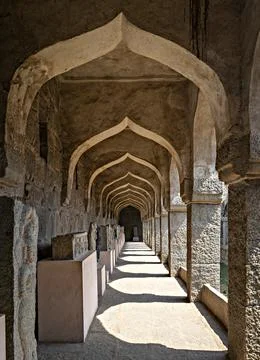 Unique , ancient door pattern in the corridor of lotus mahal temple in Hampi. Stock Photos