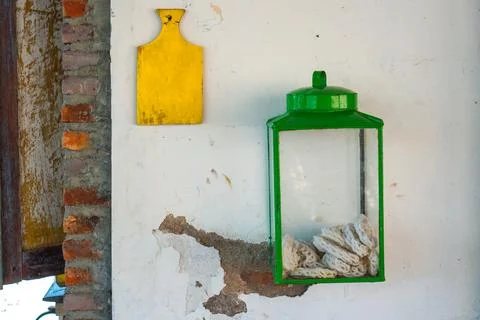 Unique and creative, wall displays in the form of cracker tins and wooden c.. Stock Photos