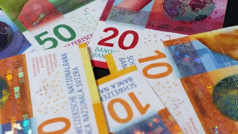 Unique and differently designed bank notes of Switzerland, rotating 360 degree Stock Footage 271685301