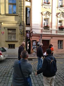 A unique and narrow perspective of a tiny alleyway in Prague Stock Photos