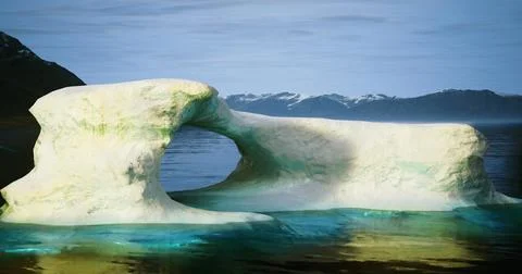 Unique arch shaped iceberg floating in calm Arctic waters with mountains Stock Illustration