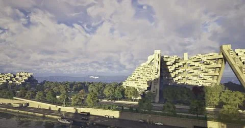Unique architectural design along a river shoreline with cloudy sky Ilustración de archivo