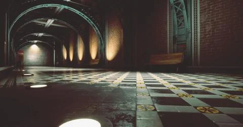 Unique architectural design of a vintage train station with patterned floor イラスト素材