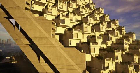 Unique architectural structure with stacked residential units at sunset Stock Illustration