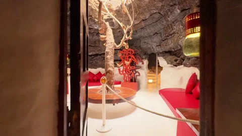 Unique Architecture In Lanzarote Spain Cave Interior With Tree And Red Accents Stock Footage 331180568
