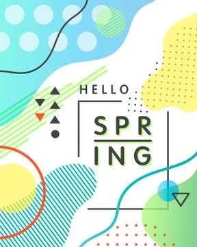 Unique artistic design card - hello spring with bright background, shapes and Illustrazione stock