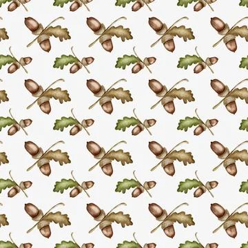 Unique autumn watercolor pattern featuring acorns and oak leaves for textil.. Stock Illustration