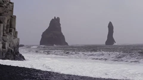 Unique basalt columns and enormous basalt sea stacks. Stock Footage 310743009