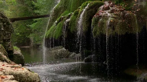 The unique Bigar waterfall full of green moss, Romania Видео 141853431