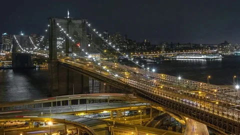 Unique bird's eye view of the Brooklyn Bridge at night. Video stock 70820133