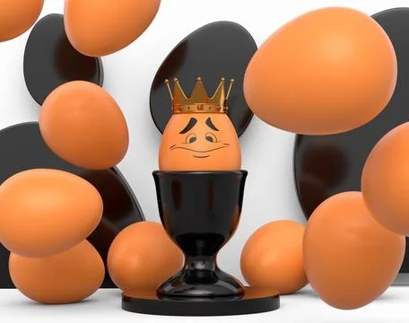 Unique brown egg in gold crown in eggcup with funny face and scattered eggs Ilustração Stock