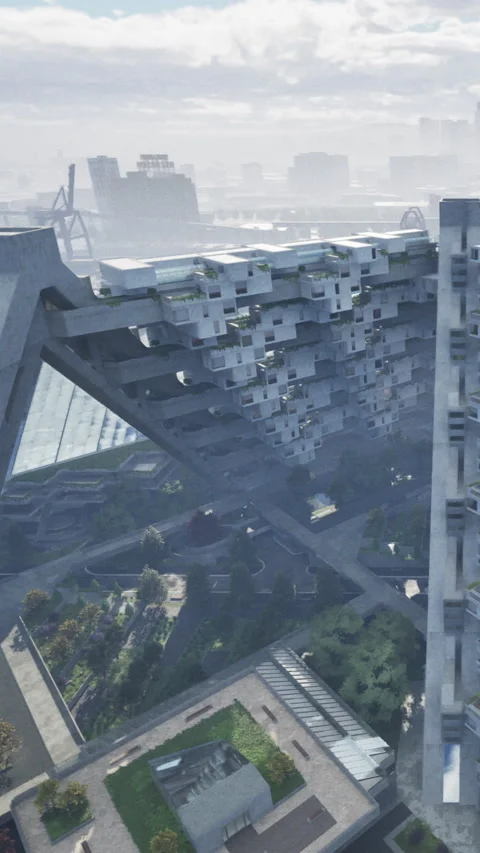 Unique building design in a modern urban setting with greenery Stock Footage 342645507